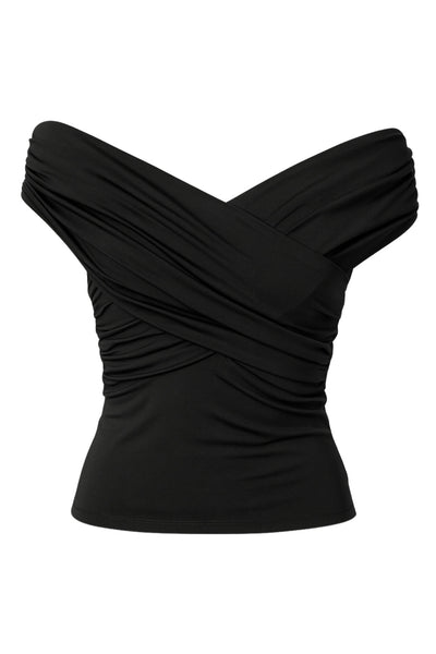 Top corto plisado de fit ajustado, escote v con cruce frontal, manga corta seguida, plisados en costados y hombros.