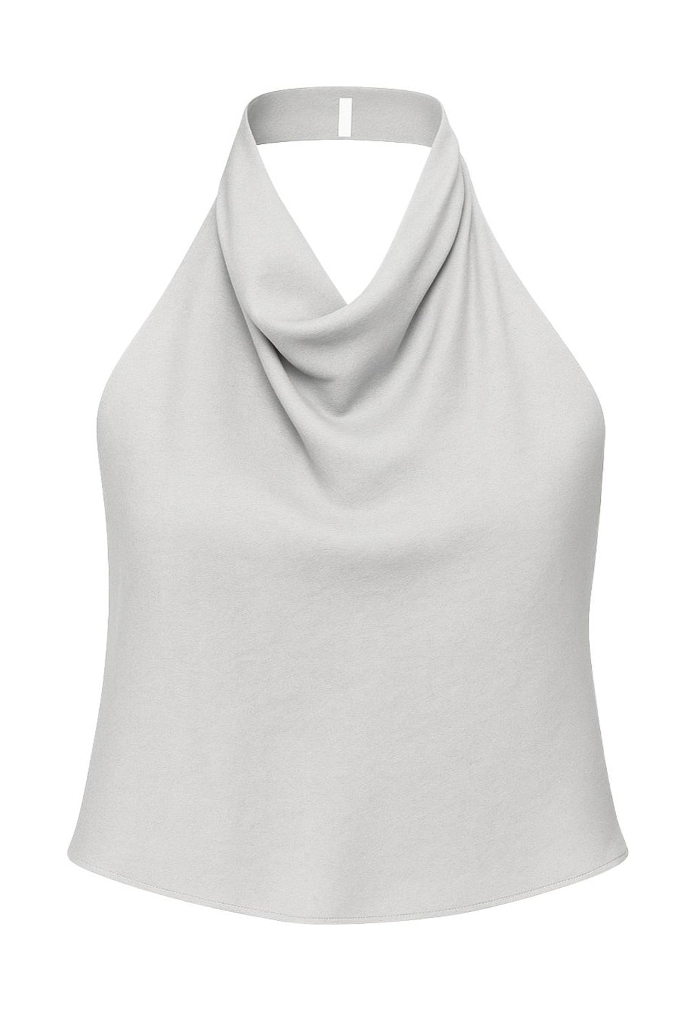 Top corto halter satinado de cuello alto fluido, fit recto, escote en espalda, cierre posterior con botón y ojal.