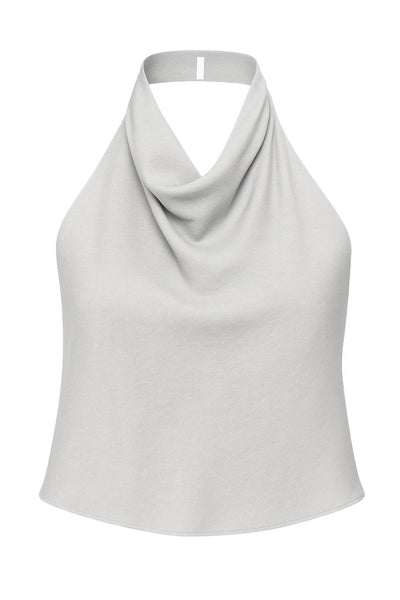 Top corto halter satinado de cuello alto fluido, fit recto, escote en espalda, cierre posterior con botón y ojal.