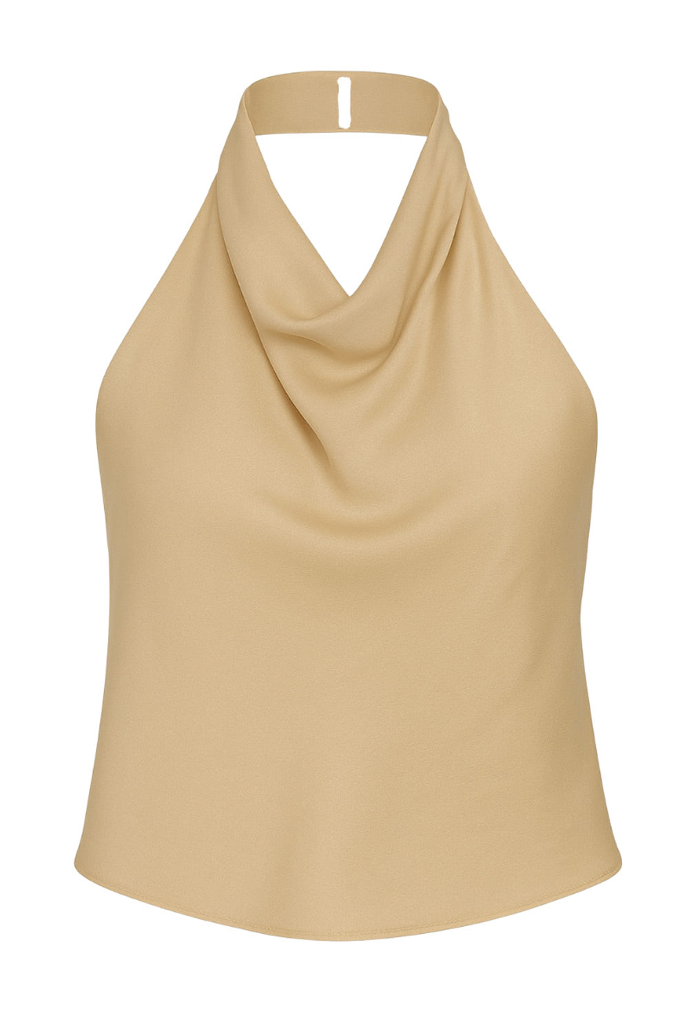 Top corto halter satinado de cuello alto fluido, fit recto, escote en espalda, cierre posterior con botón y ojal.