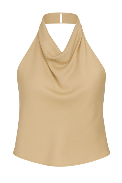 Top corto halter satinado de cuello alto fluido, fit recto, escote en espalda, cierre posterior con botón y ojal.