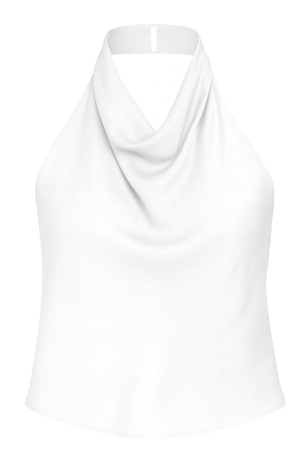 Top corto halter satinado de cuello alto fluido, fit recto, escote en espalda, cierre posterior con botón y ojal.