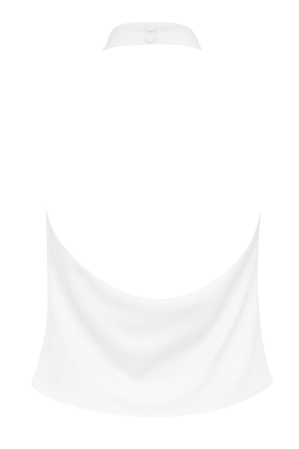 Top corto halter satinado de cuello alto fluido, fit recto, escote en espalda, cierre posterior con botón y ojal.