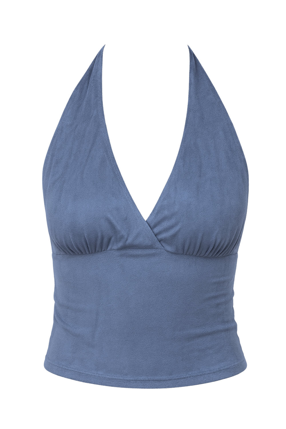 Top ajustado de gamuza, cuello halter con lazado amarrable posterior, escote en espalda, escote v cruzado con cortes y plisados frontales.