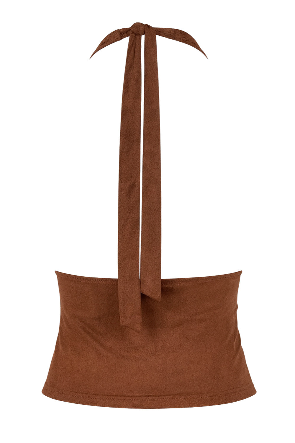 Top ajustado de gamuza, cuello halter con lazado amarrable posterior, escote en espalda, escote v cruzado con cortes y plisados frontales.