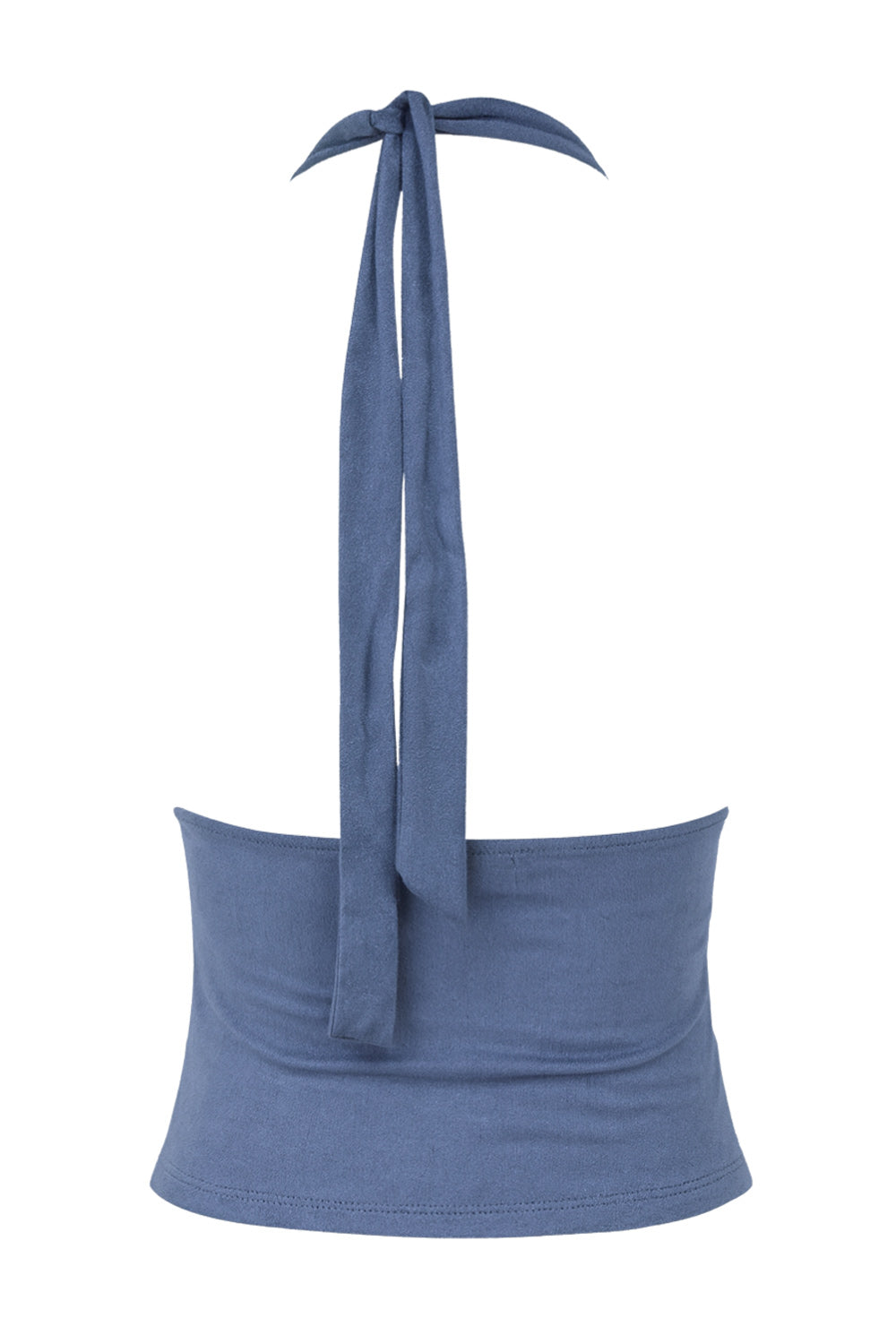 Top ajustado de gamuza, cuello halter con lazado amarrable posterior, escote en espalda, escote v cruzado con cortes y plisados frontales.