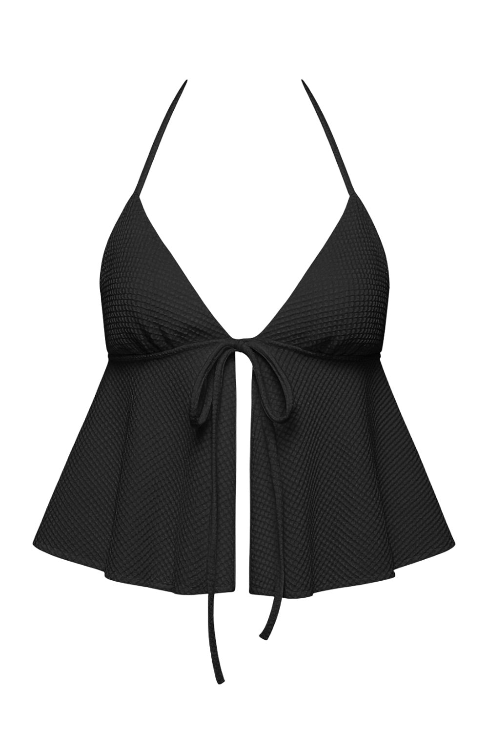 Top corto de escote v con lazo amarrable frontal, rib elástico en espalda, tirantes halter con lazo amarrable posterior y abertura frontal en bajo. Detalle de peplum olanes en bajo y textura en tejido.