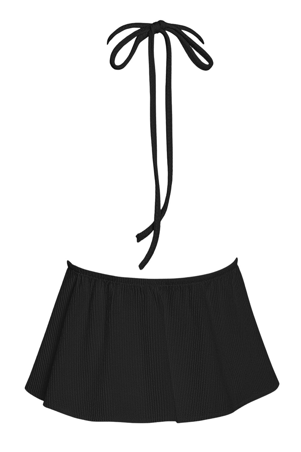 Top corto de escote v con lazo amarrable frontal, rib elástico en espalda, tirantes halter con lazo amarrable posterior y abertura frontal en bajo. Detalle de peplum olanes en bajo y textura en tejido.