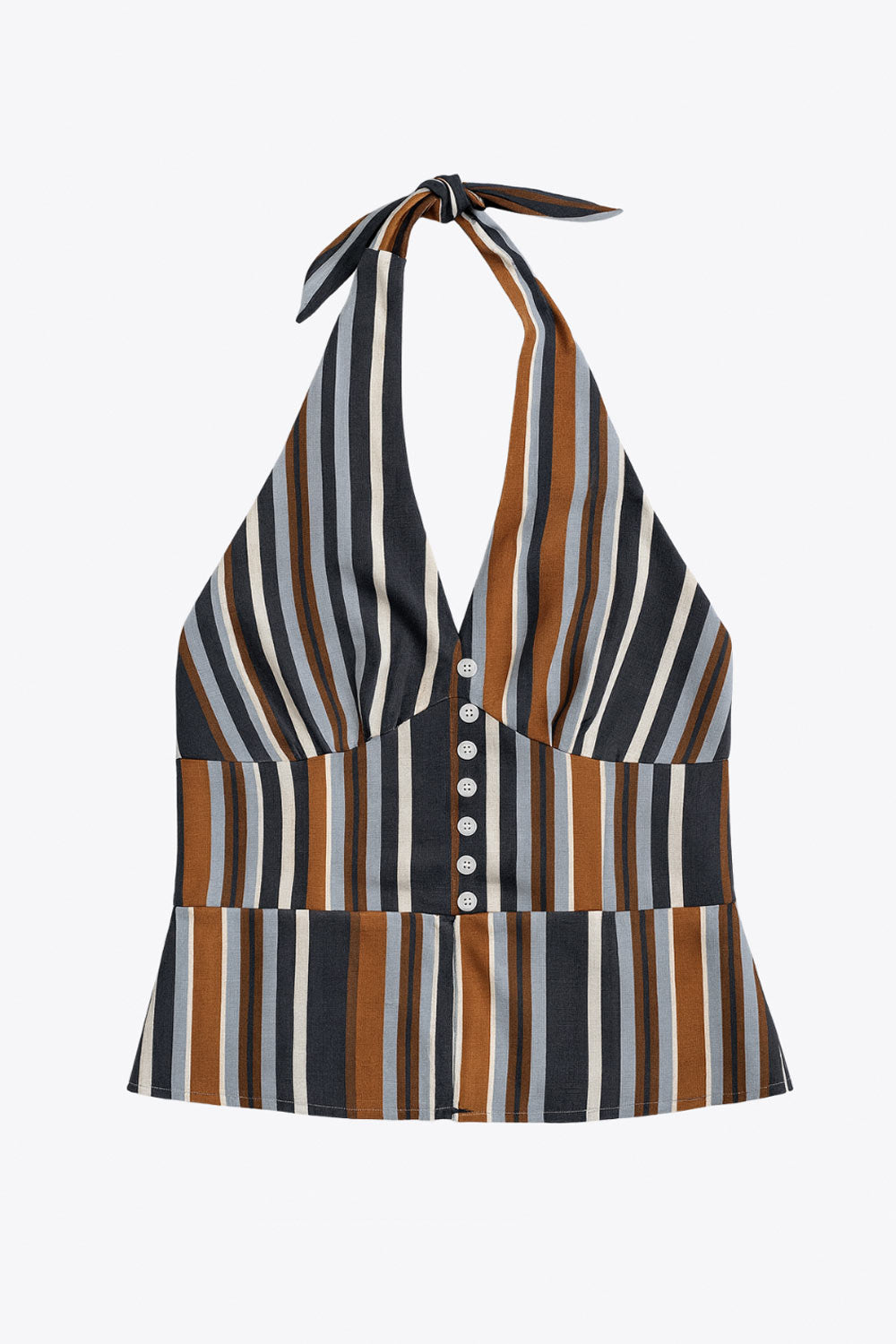 Top corto de estampado rayas, cuello halter con nudo amarrable posterior, escote v con cortes y plisados decorativos frontales, fit ajustado, escote en espalda con fruncido posterior, cierre frontal con hilera de botones y abertura en bajo.