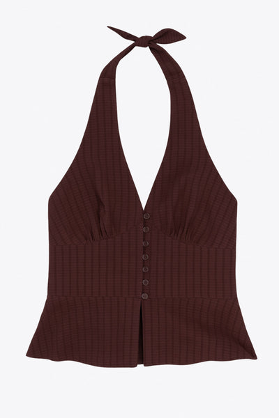 Top corto de estampado rayas, cuello halter con nudo amarrable posterior, escote v con cortes y plisados decorativos frontales, fit ajustado, escote en espalda con fruncido posterior, cierre frontal con hilera de botones y abertura en bajo.