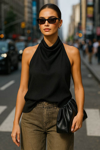 Top corto de fit recto, sin mangas, cuello halter fluido y escote en espalda.