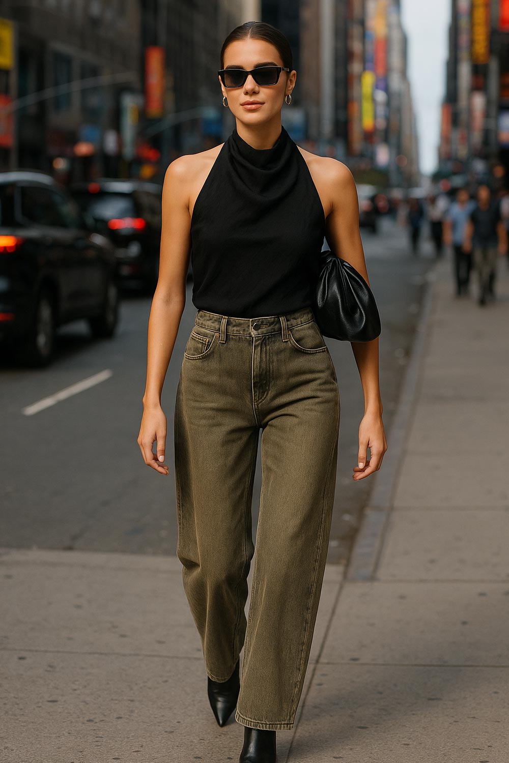 Top corto de fit recto, sin mangas, cuello halter fluido y escote en espalda.