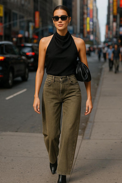 Top corto de fit recto, sin mangas, cuello halter fluido y escote en espalda.