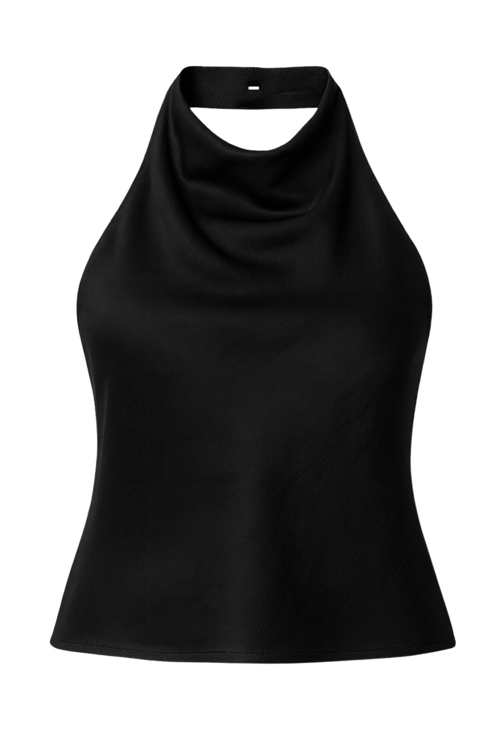 Top corto de fit recto, sin mangas, cuello halter fluido y escote en espalda.