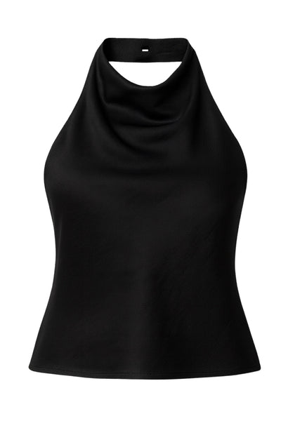 Top corto de fit recto, sin mangas, cuello halter fluido y escote en espalda.