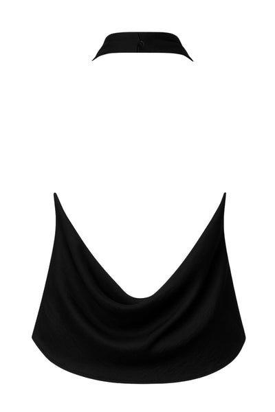 Top corto de fit recto, sin mangas, cuello halter fluido y escote en espalda.