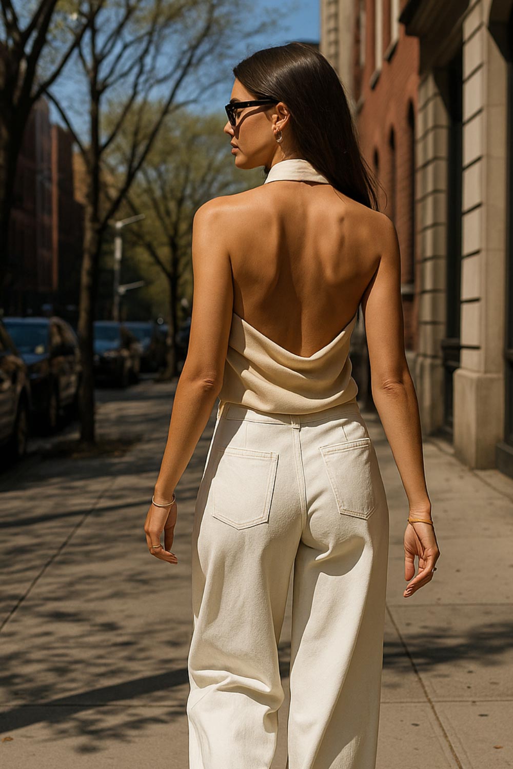 Top corto halter de cuello alto fluido, fit recto, escote en espalda, cierre posterior con botón y ojal.