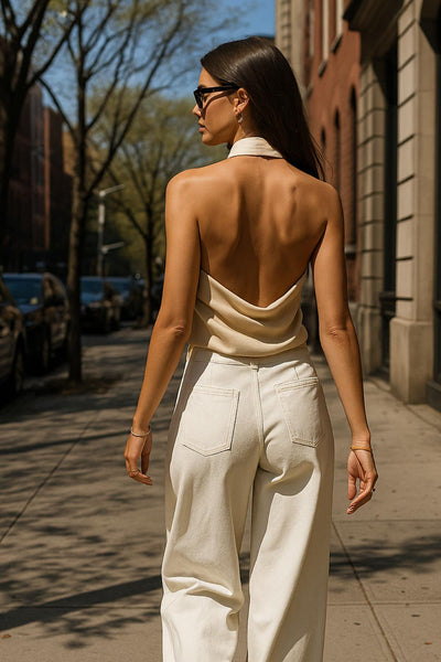 Top corto halter de cuello alto fluido, fit recto, escote en espalda, cierre posterior con botón y ojal.