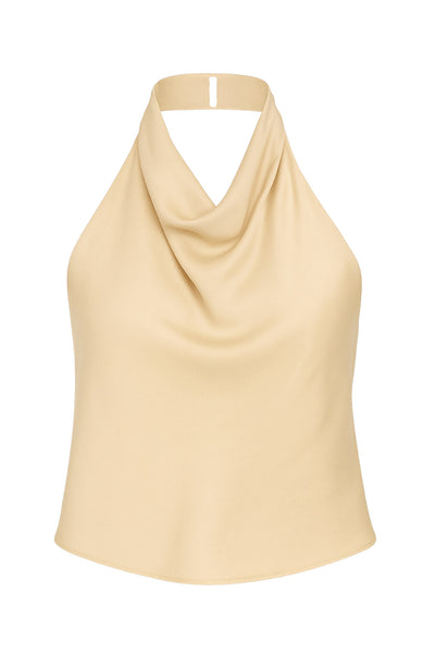 Top corto halter de cuello alto fluido, fit recto, escote en espalda, cierre posterior con botón y ojal.