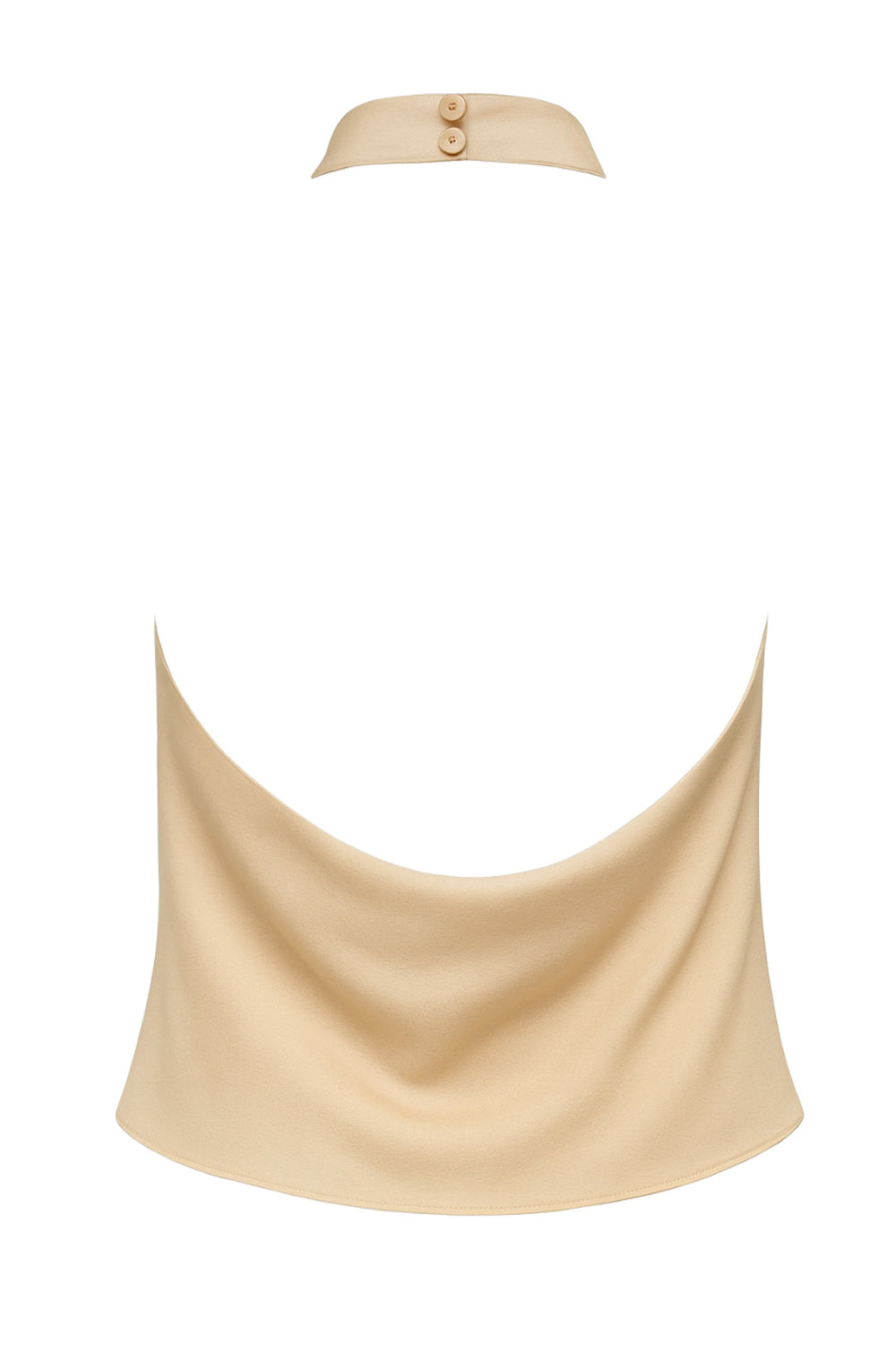 Top corto halter de cuello alto fluido, fit recto, escote en espalda, cierre posterior con botón y ojal.
