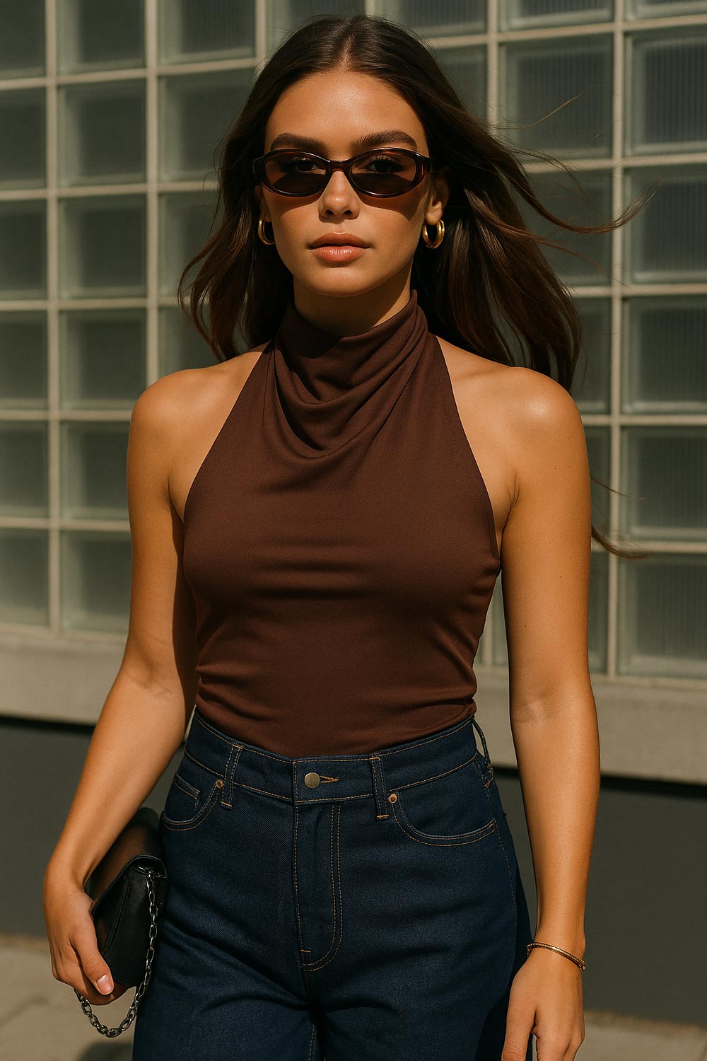 Top halter corto de fit ajustado, sin mangas, cuello halter fluido con plisados y escote en espalda. Detalle de bajo diagonal asimétrico.
