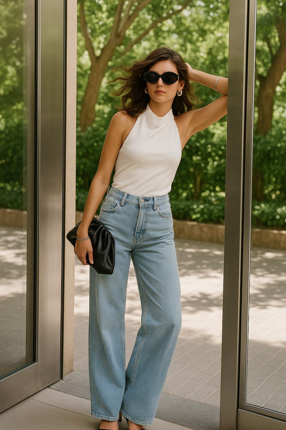 Top halter corto de fit ajustado, sin mangas, cuello halter fluido con plisados y escote en espalda. Detalle de bajo diagonal asimétrico.