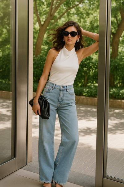 Top halter corto de fit ajustado, sin mangas, cuello halter fluido con plisados y escote en espalda. Detalle de bajo diagonal asimétrico.