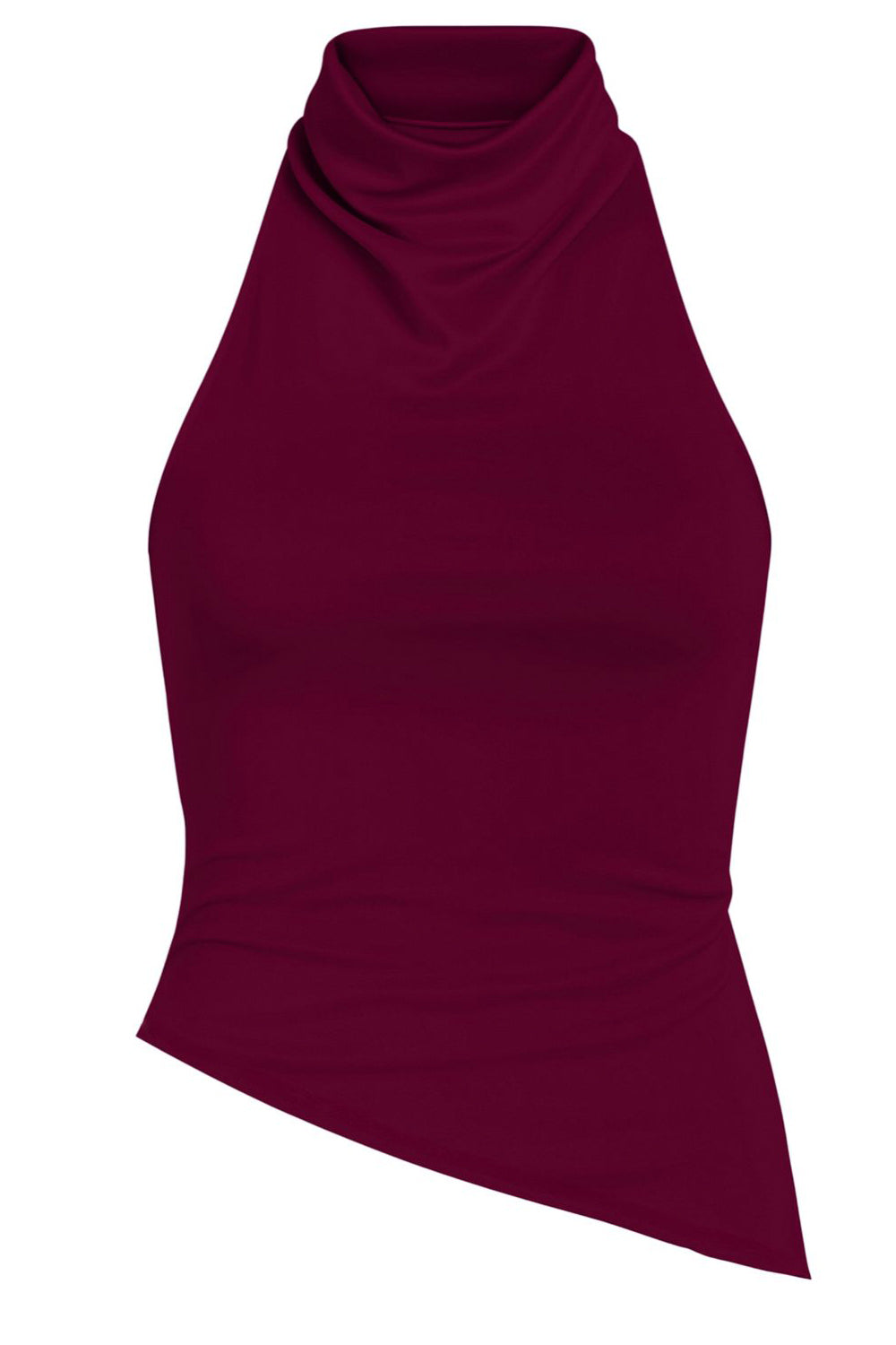 Top halter corto de fit ajustado, sin mangas, cuello halter fluido con plisados y escote en espalda. Detalle de bajo diagonal asimétrico.