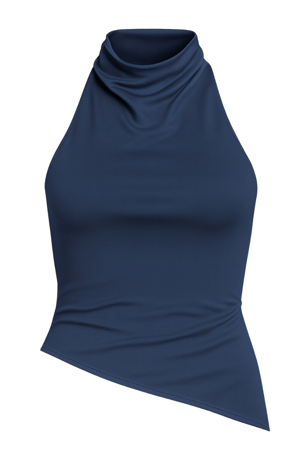 Top halter corto de fit ajustado, sin mangas, cuello halter fluido con plisados y escote en espalda. Detalle de bajo diagonal asimétrico.