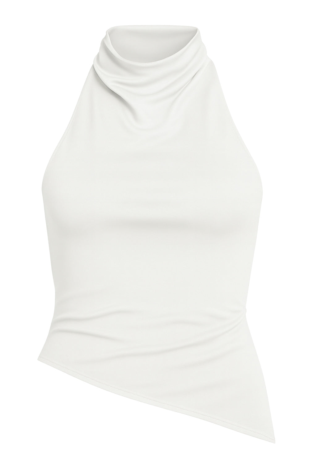 Top halter corto de fit ajustado, sin mangas, cuello halter fluido con plisados y escote en espalda. Detalle de bajo diagonal asimétrico.