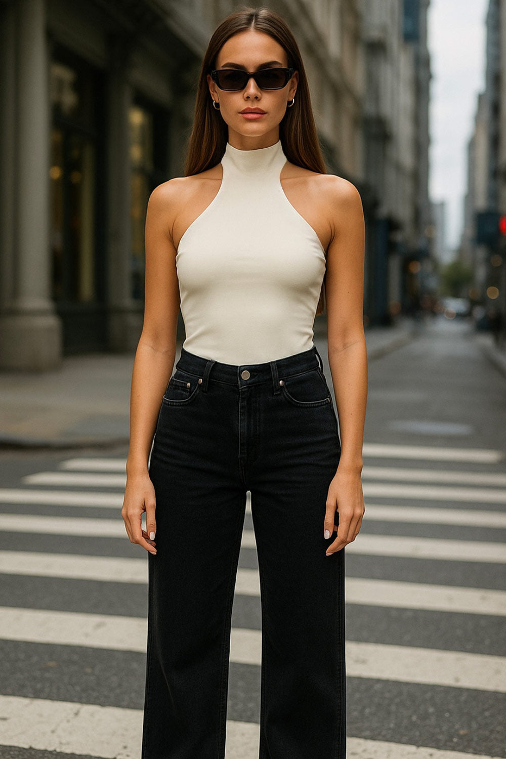 Top halter de fit ajustado, sin mangas, cuello alto, escote en espalda, cierre posterior con botón y ojal.