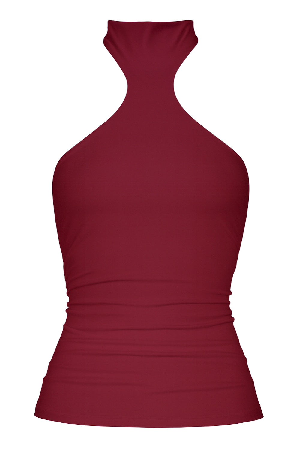 Top halter de fit ajustado, sin mangas, cuello alto, escote en espalda, cierre posterior con botón y ojal.