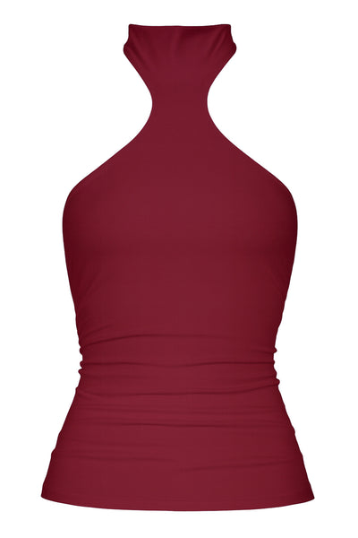 Top halter de fit ajustado, sin mangas, cuello alto, escote en espalda, cierre posterior con botón y ojal.