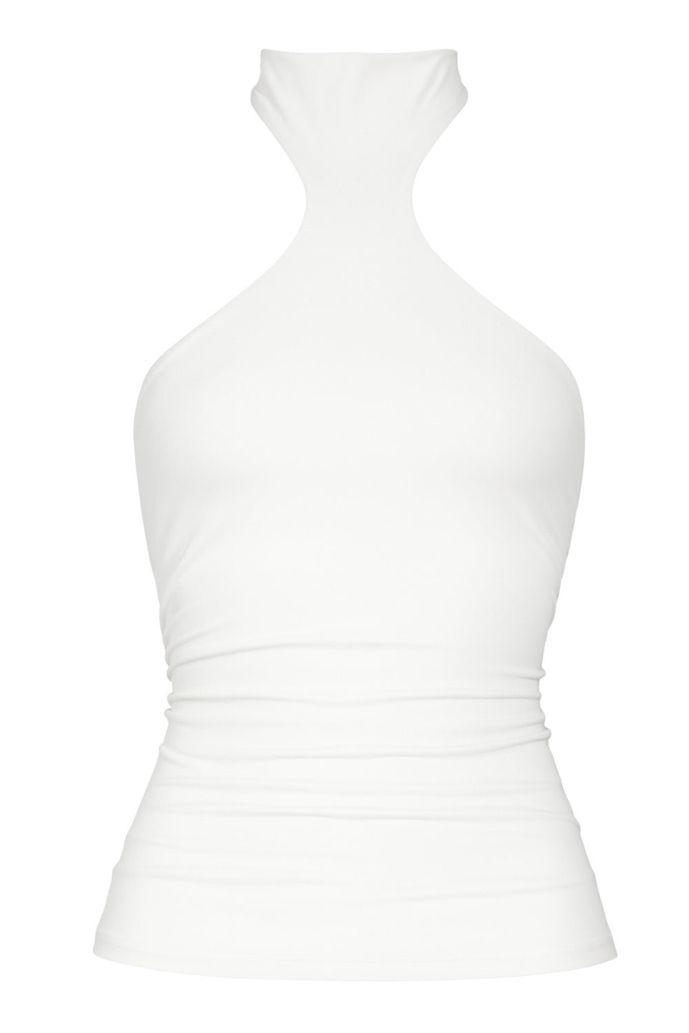 Top halter de fit ajustado, sin mangas, cuello alto, escote en espalda, cierre posterior con botón y ojal.