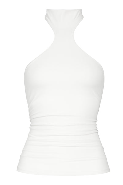 Top halter de fit ajustado, sin mangas, cuello alto, escote en espalda, cierre posterior con botón y ojal.