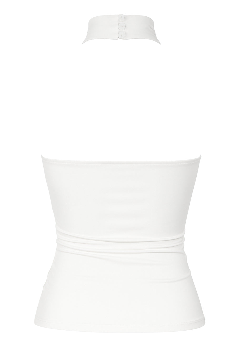Top halter de fit ajustado, sin mangas, cuello alto, escote en espalda, cierre posterior con botón y ojal.