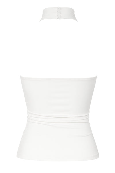 Top halter de fit ajustado, sin mangas, cuello alto, escote en espalda, cierre posterior con botón y ojal.