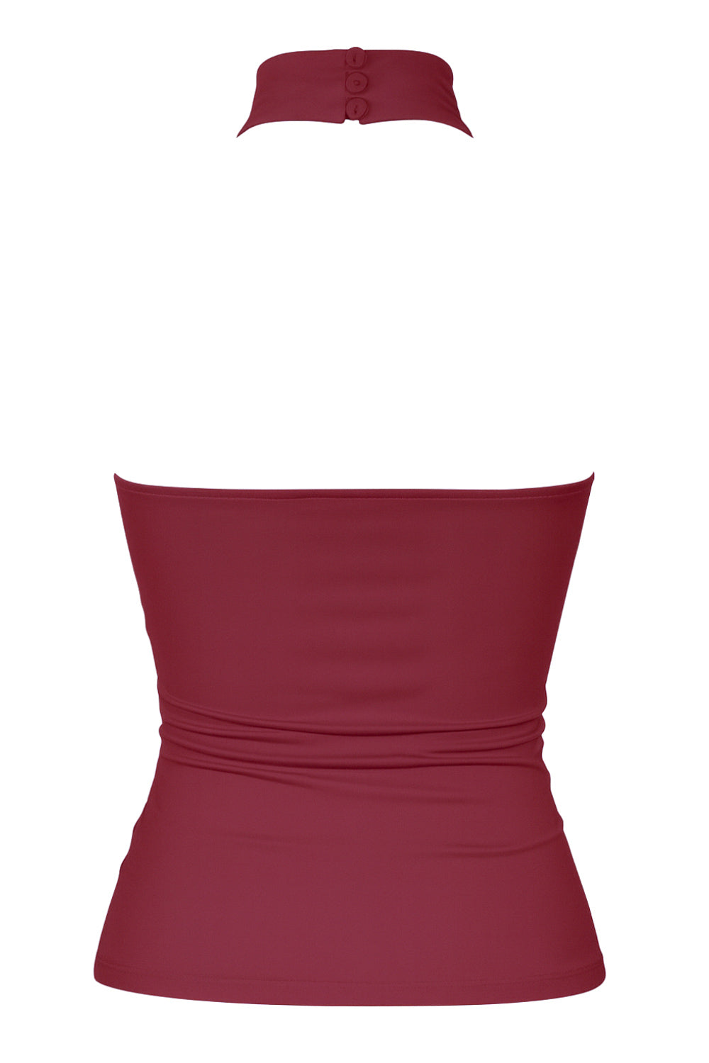 Top halter de fit ajustado, sin mangas, cuello alto, escote en espalda, cierre posterior con botón y ojal.