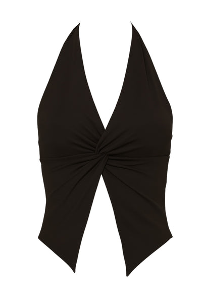 Top corto halter de lazo amarrable posterior, sin mangas, escote v con nudo frontal, plisados decorativos y abertura frontal en bajo.