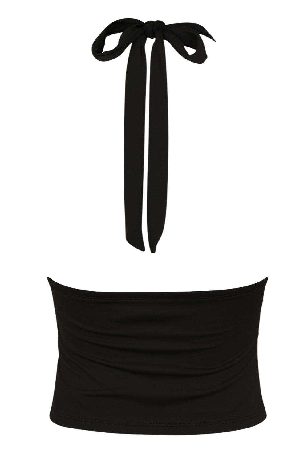 Top corto halter de lazo amarrable posterior, sin mangas, escote v con nudo frontal, plisados decorativos y abertura frontal en bajo.