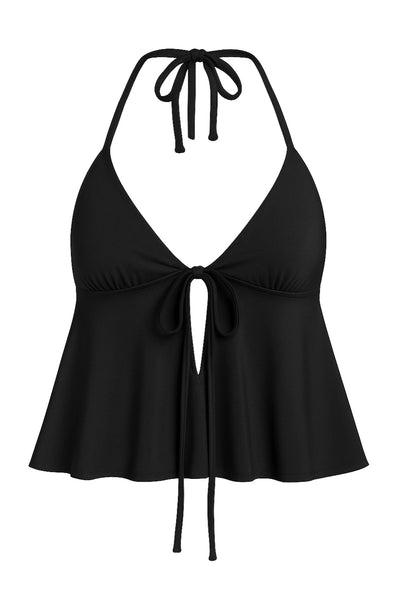 Top corto halter de escote v con lazo amarrable frontal, rib elástico en espalda, tirantes halter con lazo amarrable posterior y abertura frontal en bajo. Detalle de peplum olanes en bajo.