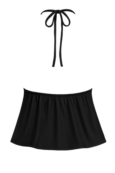 Top corto halter de escote v con lazo amarrable frontal, rib elástico en espalda, tirantes halter con lazo amarrable posterior y abertura frontal en bajo. Detalle de peplum olanes en bajo.