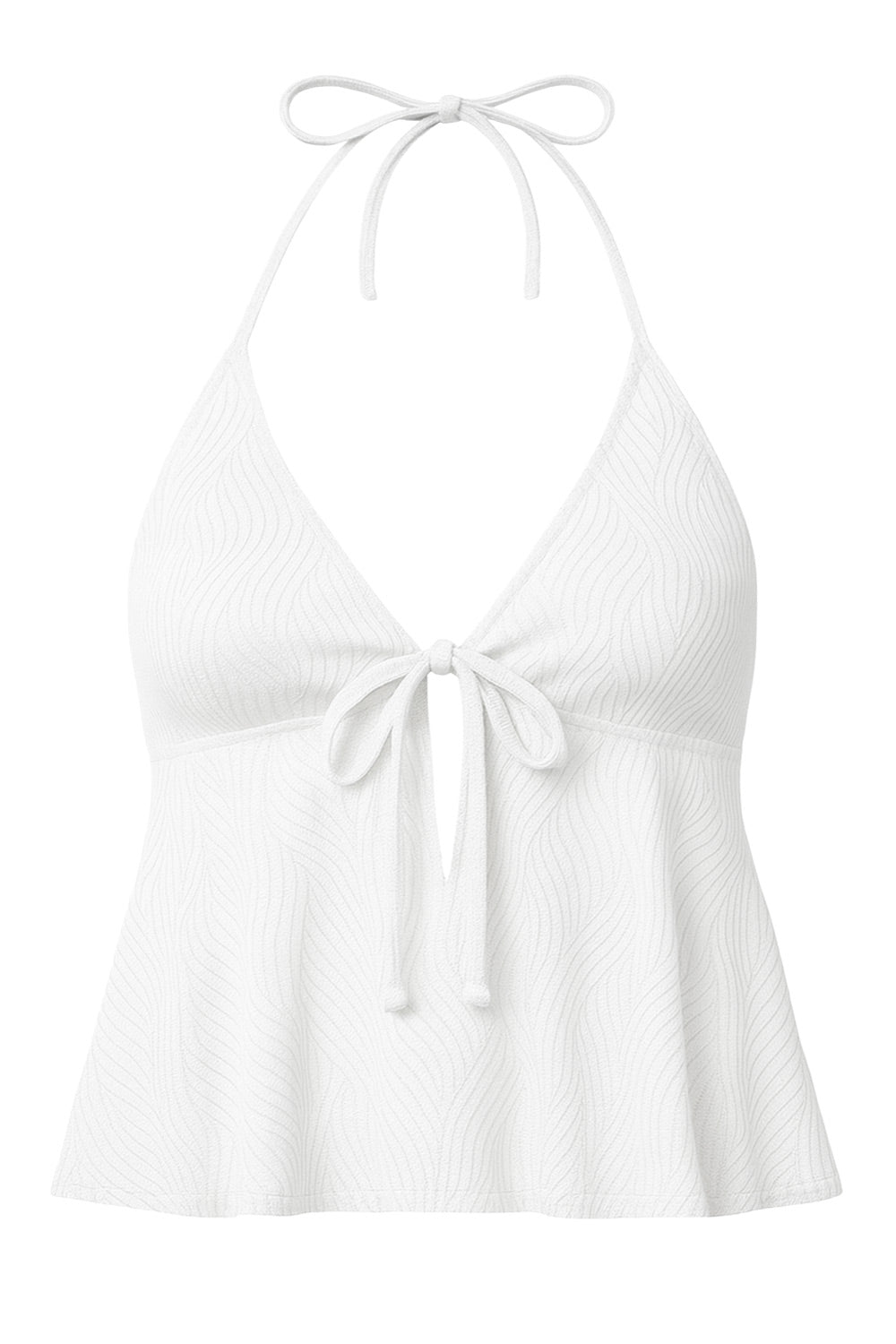 Top corto halter de escote v con lazo amarrable frontal, rib elástico en espalda, tirantes halter con lazo amarrable posterior y abertura frontal en bajo. Detalle de peplum olanes y textura en tejido.