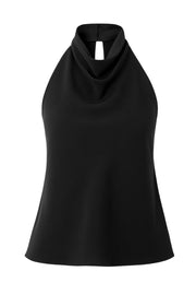 Top halter de cuello alto fluido, sin mangas, fit recto, cierre posterior con botones y ojales.