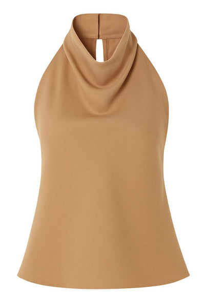 Top halter de cuello alto fluido, sin mangas, fit recto, cierre posterior con botones y ojales.