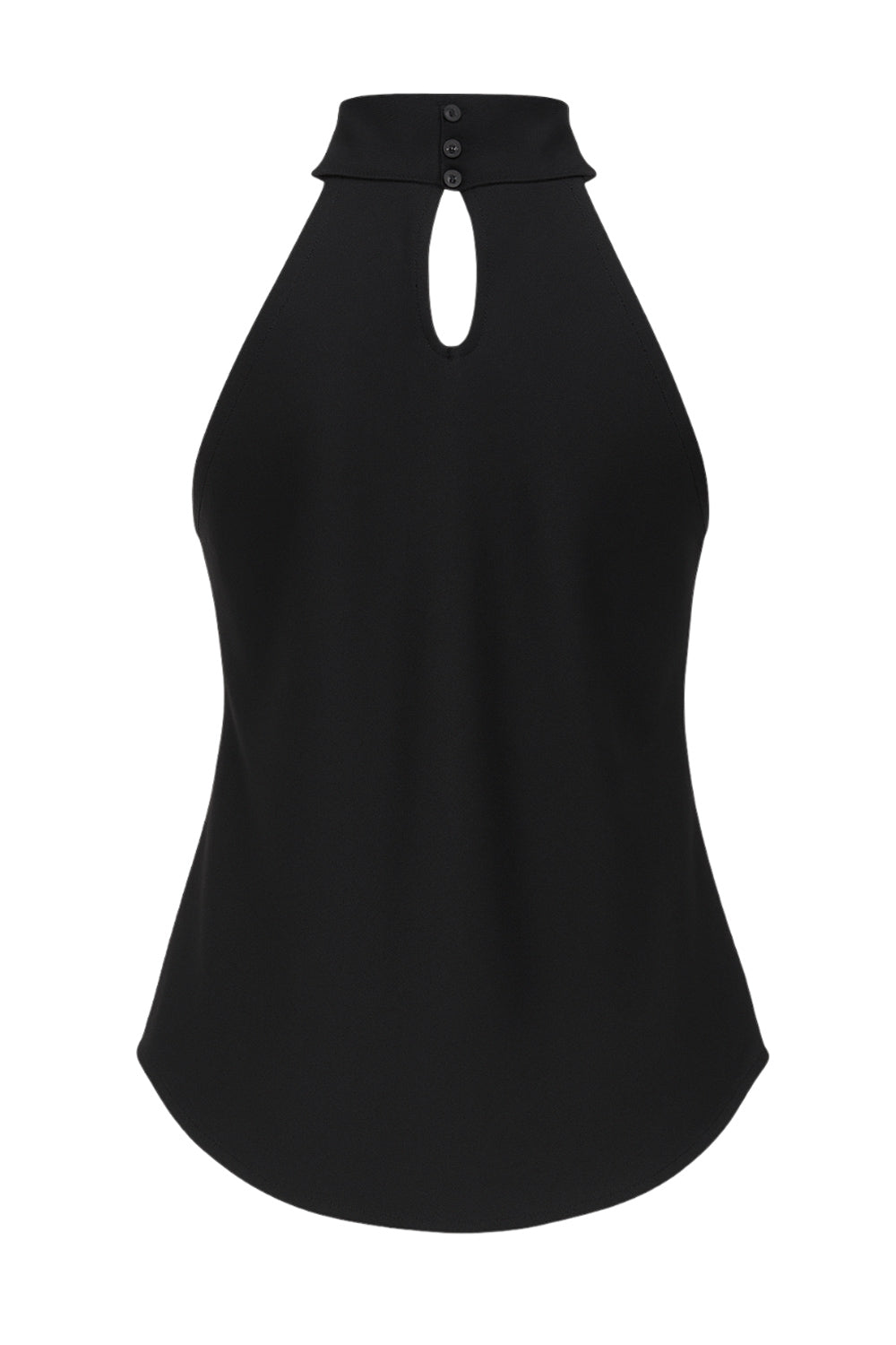 Top halter de cuello alto fluido, sin mangas, fit recto, cierre posterior con botones y ojales.