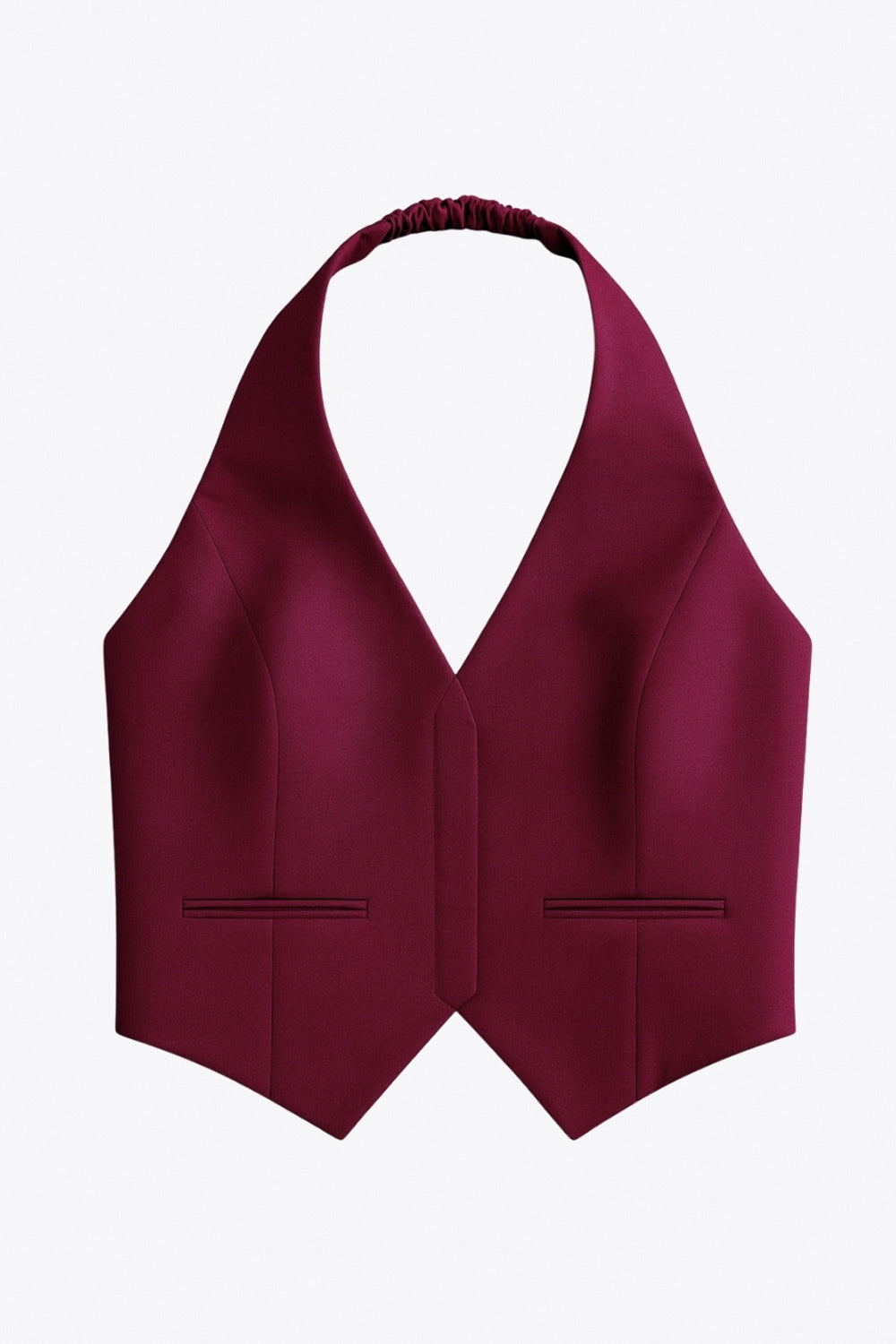 Chaleco corto cuello halter de fit ajustado, escote v, cierre lateral con cremallera oculta, vivos decorativos frontales y bajo v frontal. Escote en espalda y rib elástico posterior.