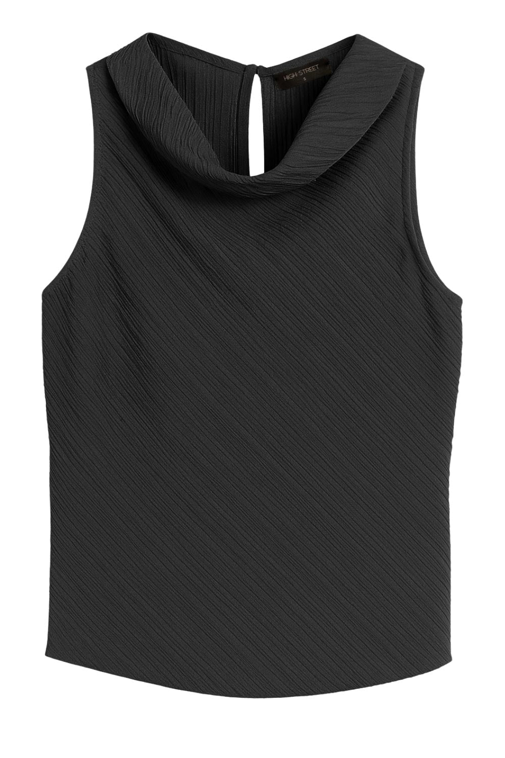 Top halter de fit recto, cuello fluido, sin mangas, cierre posterior con botón y ojal.