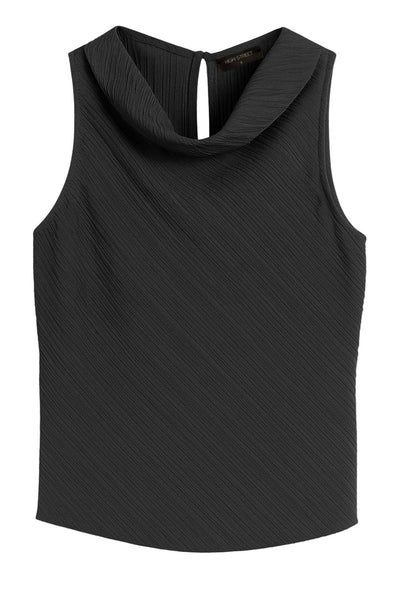 Top halter de fit recto, cuello fluido, sin mangas, cierre posterior con botón y ojal.