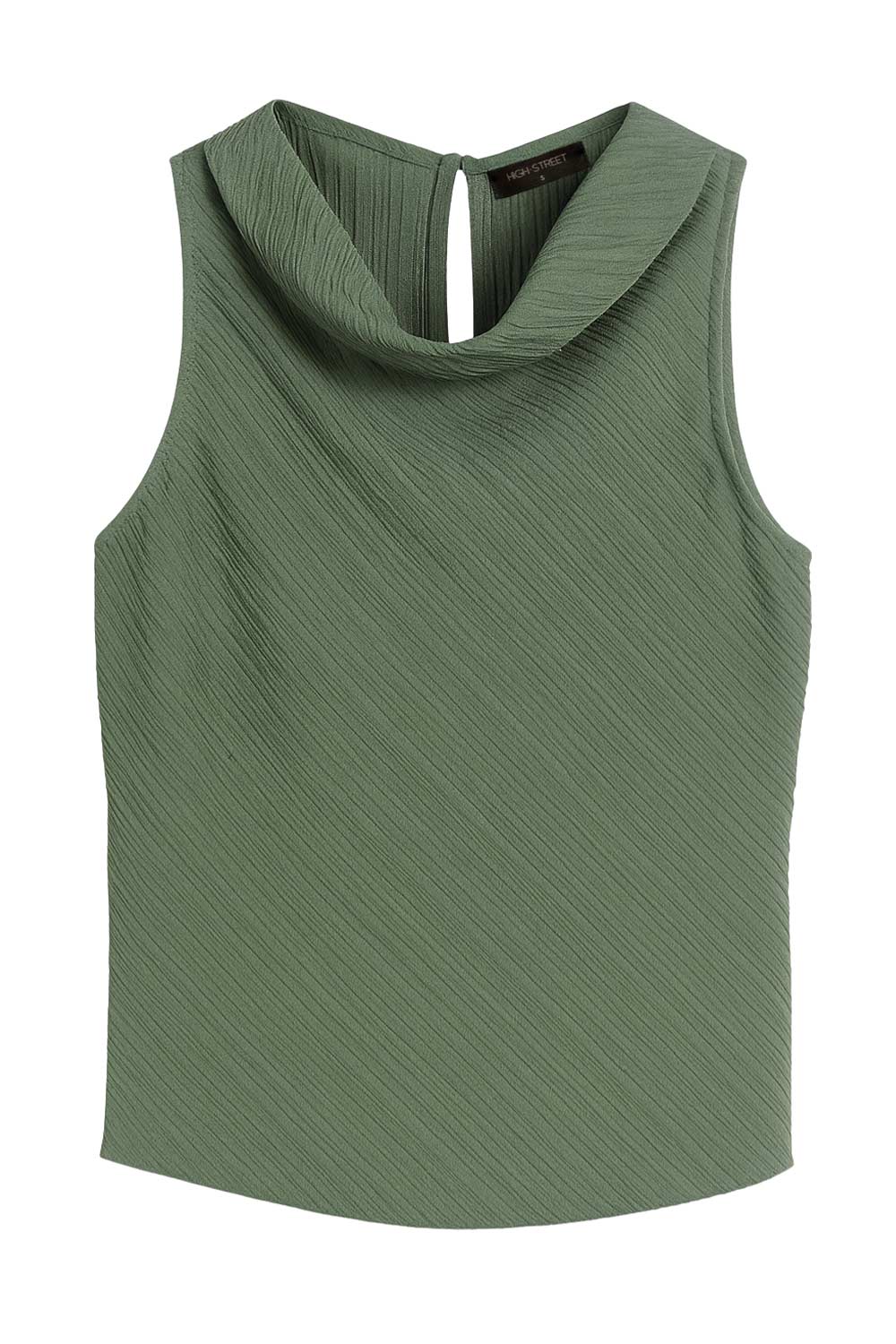 Top halter de fit recto, cuello fluido, sin mangas, cierre posterior con botón y ojal.